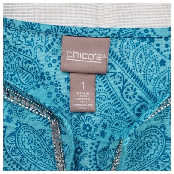 Chicos Lightweight Turquoise 3/4 Sleeve Boho Print Tunic Top Tassels Size M - Picture 5 of 9